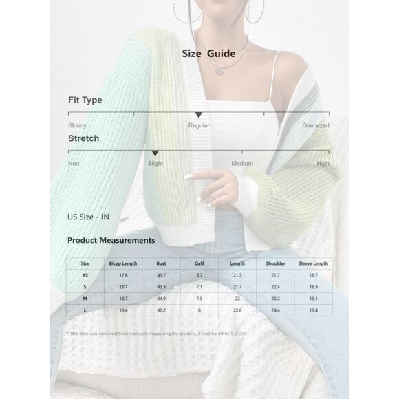 Women's Color Block Cropped Cardigan Ribbed Knit Long Sleeve Open Front - Picture 6 of 6